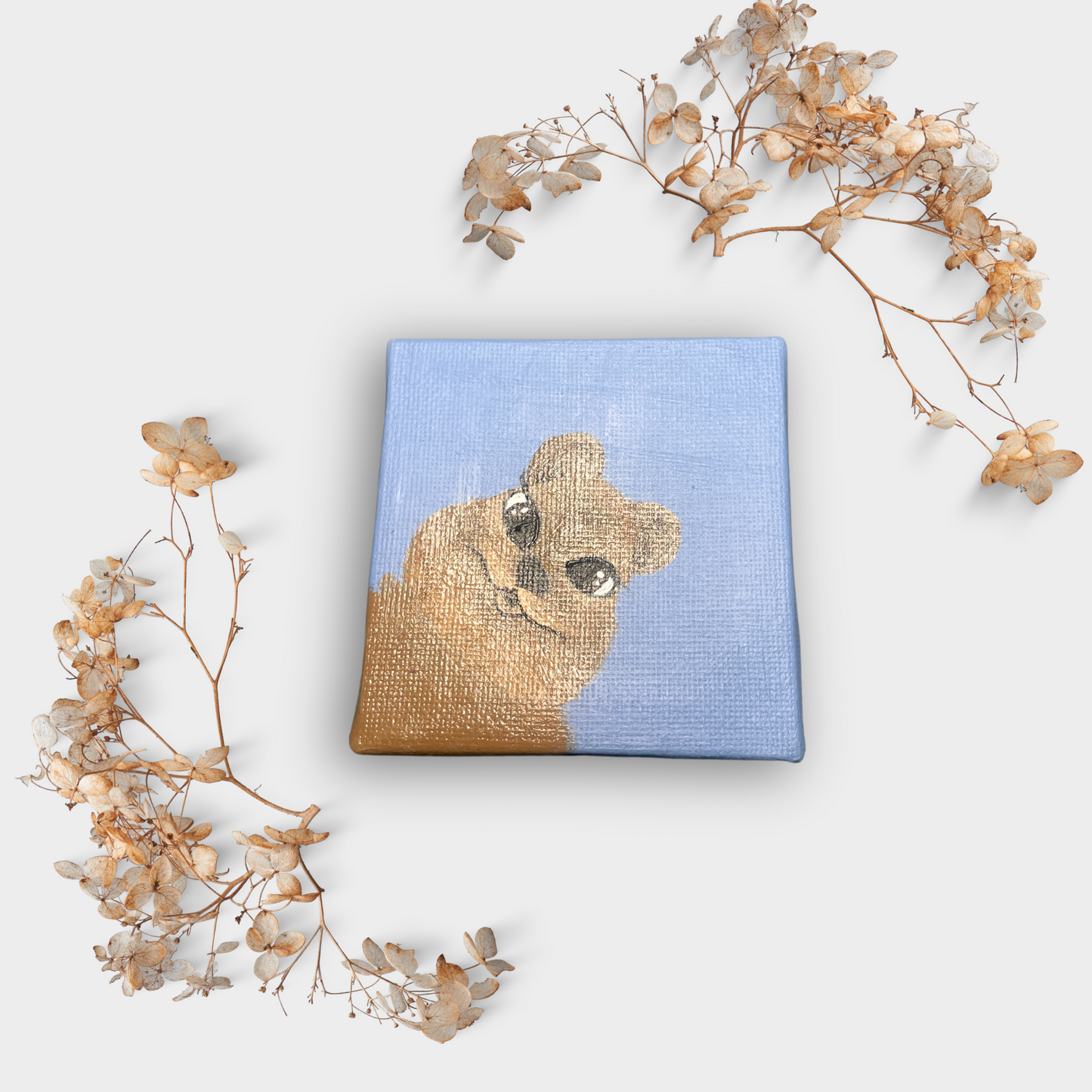 Handgemalte Mini Leinwand mit lächelndem Quokka auf blauem Hintergrund, liebevoll inszeniert mit zarten Trockenblumen.